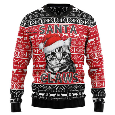 Xmas Santa Claus Cat Animal Colorful Tattoo Retro 3DPprint Funny Christmas Ugly πλεκτό πουλόβερ Harajuku Casual μακρυμάνικα X18