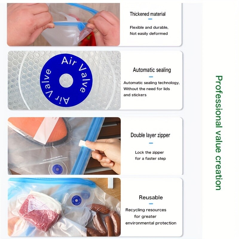 Vrećice s vakuumskim zatvaračem za pohranu hrane za višekratnu upotrebu - izdržljive, nepropusne i prozirne za organizaciju kuhinje i održavanje svježine proizvoda
