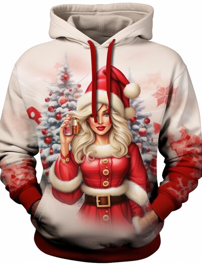 Santa Claus Ανδρικό γραφικό κουκούλα με κουκούλα μοντέρνα καθημερινά βασικά τυπωμένο πουλόβερ Αθλητικά κουκούλα για διακοπές σε εξωτερικούς χώρους