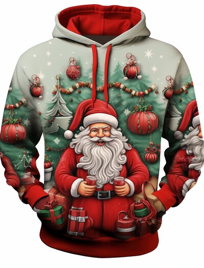 Santa Claus Ανδρικό γραφικό κουκούλα με κουκούλα μοντέρνα καθημερινά βασικά τυπωμένο πουλόβερ Αθλητικά κουκούλα για διακοπές σε εξωτερικούς χώρους