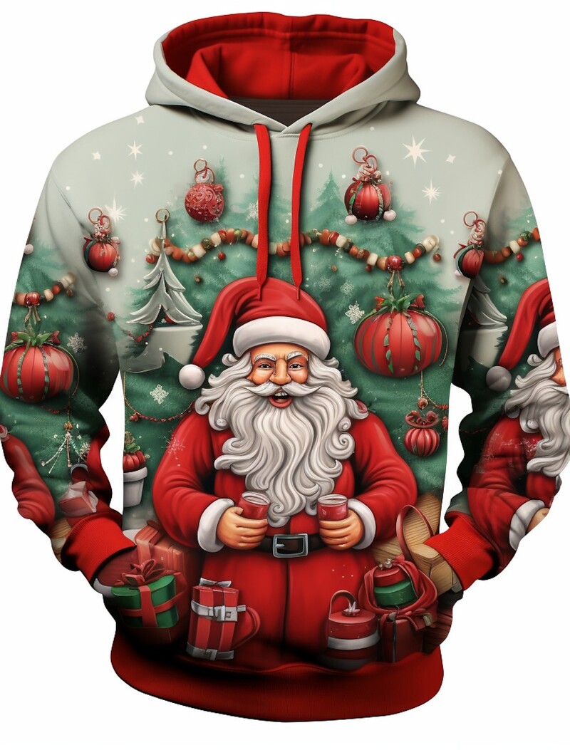 Santa Claus Ανδρικό γραφικό κουκούλα με κουκούλα μοντέρνα καθημερινά βασικά τυπωμένο πουλόβερ Αθλητικά κουκούλα για διακοπές σε εξωτερικούς χώρους