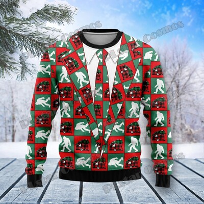 Jesen Zima Unisex ležerni pleteni pulover džemper s nevjerojatnim Bigfoot uzorkom 3D ispisan muški ružni božićni džemper KMY01