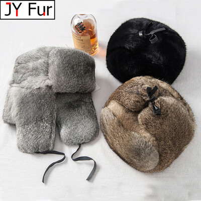 Rabbit Fur Cap Man Winter Γνήσιο 100% Γούνινο καπέλο Bomber Αντιανεμικές ζεστές ωτοασπίδες Αρσενικό επίπεδο γκρι/μαύρο ρωσικό καπέλο με κασκέτα