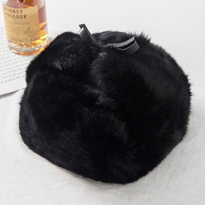 Rabbit Fur Cap Man Winter Γνήσιο 100% Γούνινο καπέλο Bomber Αντιανεμικές ζεστές ωτοασπίδες Αρσενικό επίπεδο γκρι/μαύρο ρωσικό καπέλο με κασκέτα