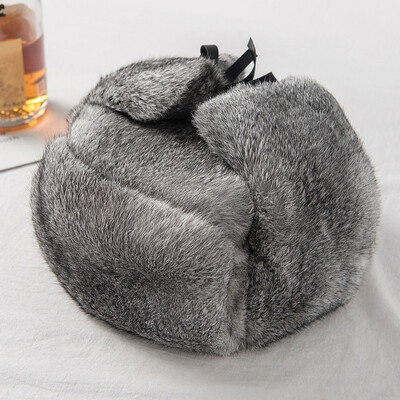 Rabbit Fur Cap Man Winter Γνήσιο 100% Γούνινο καπέλο Bomber Αντιανεμικές ζεστές ωτοασπίδες Αρσενικό επίπεδο γκρι/μαύρο ρωσικό καπέλο με κασκέτα