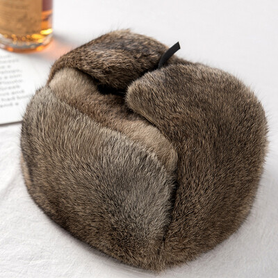 Rabbit Fur Cap Man Winter Γνήσιο 100% Γούνινο καπέλο Bomber Αντιανεμικές ζεστές ωτοασπίδες Αρσενικό επίπεδο γκρι/μαύρο ρωσικό καπέλο με κασκέτα