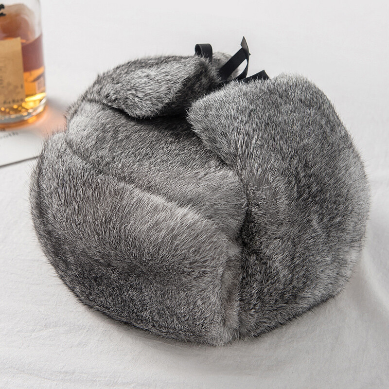 Nyúl szőrme sapka férfi téli eredeti 100% szőrme bombázó sapka szélálló meleg fülvédők férfi lapos szürke/fekete orosz sapka illeszkedő kazetta