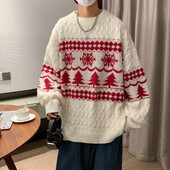 Vintage pleteni pulover u japanskom stilu, crveni božićni pulover za muškarce, parove, ležerna majica s okruglim izrezom, zimska besposlena moda