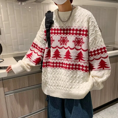 Vintage pleteni pulover u japanskom stilu, crveni božićni pulover za muškarce, parove, ležerna majica s okruglim izrezom, zimska besposlena moda