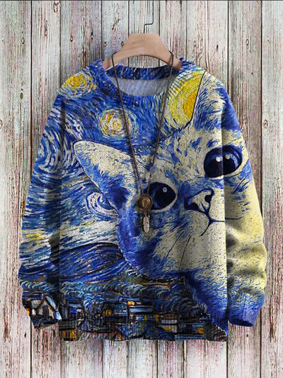 Xmas Santa Claus Cat Animal Colorful Tattoo Retro 3DPrint Funny Christmas Ugly πλεκτό πουλόβερ Harajuku Casual μακρυμάνικο X9