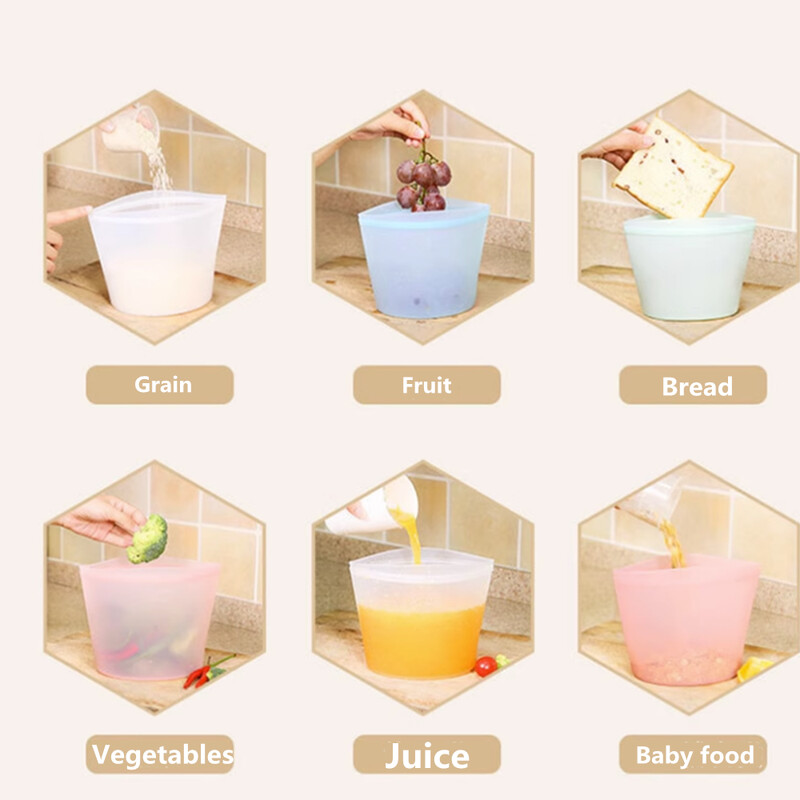 Uus paksendatud värskelt säiliv silikoonist toidu säilituskott, kolmevärviline topelttõmblukuga korduvkasutatav tõmblukuga kott köögitoidu hoiukoht