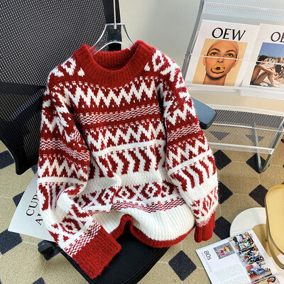 Φθινόπωρο/Χειμώνας 2024 Νέο Παχύ κόκκινο Χριστουγεννιάτικο Κομψό, Ρετρό Φαρδιά Εξωτερικά Ενδύματα Τεμπέλικο πουλόβερ