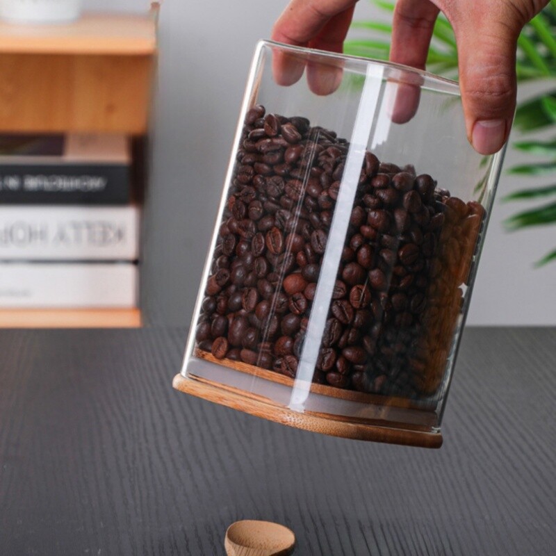 1 kom 1000/1200/1500 ml četvrtaste zatvorene staklene posude za pohranu s drvenom žlicom, zrnom kave, čajem, žitaricama, začinima za pohranu hrane