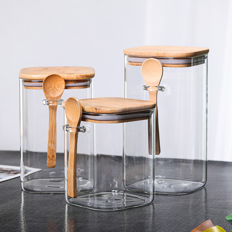 1 kom 1000/1200/1500 ml četvrtaste zatvorene staklene posude za pohranu s drvenom žlicom, zrnom kave, čajem, žitaricama, začinima za pohranu hrane