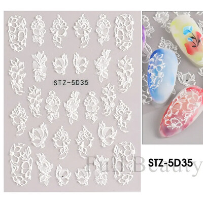 5D ανάγλυφα αυτοκόλλητα νυχιών Λευκό τριαντάφυλλο λουλούδι με δαντέλα χαραγμένα συρόμενα για νύχια καλοκαιρινό γάμο Αυτοκόλλητο Decal Decal SA5D-K128