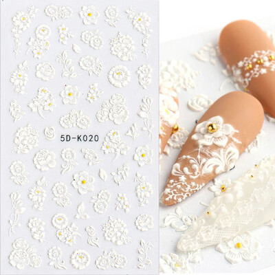 5D ανάγλυφα αυτοκόλλητα νυχιών Λευκό τριαντάφυλλο λουλούδι με δαντέλα χαραγμένα συρόμενα για νύχια καλοκαιρινό γάμο Αυτοκόλλητο Decal Decal SA5D-K128