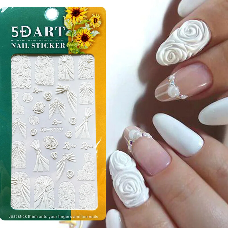 5D ανάγλυφα αυτοκόλλητα νυχιών Λευκό τριαντάφυλλο λουλούδι με δαντέλα χαραγμένα συρόμενα για νύχια καλοκαιρινό γάμο Αυτοκόλλητο Decal Decal SA5D-K128