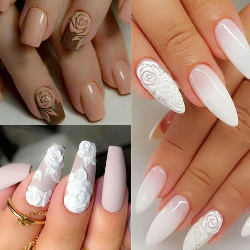 5D ανάγλυφα αυτοκόλλητα νυχιών Λευκό τριαντάφυλλο λουλούδι με δαντέλα χαραγμένα συρόμενα για νύχια καλοκαιρινό γάμο Αυτοκόλλητο Decal Decal SA5D-K128
