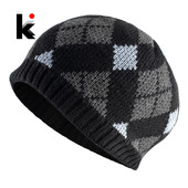 Ανδρικά Skullies Beanies Πλεκτά Καρό Καπέλα Gentleman Χειμώνας Χοντρό Υπαίθριο Καπέλο Beanies Πλέξιμο διπλής στρώσης Βελούδινο SkullCap Gorra