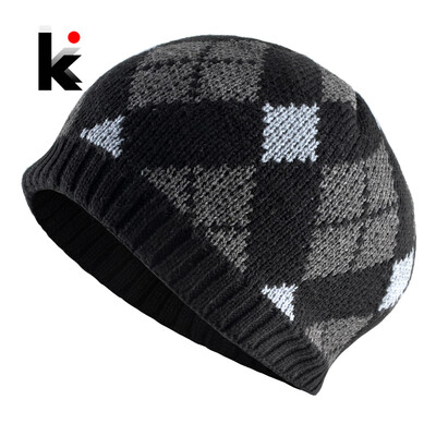 Férfi koponyák sapkák Kötött kockás sapkák Gentleman Winter Outdoor Vastag Beans Kalap Kötés Kétrétegű bársony SkullCap Gorra