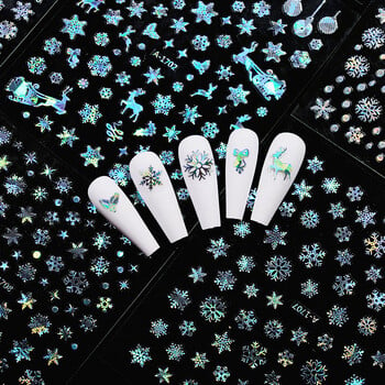 12 τεμ. Laser Sliver Snowflakes Nail Art Αυτοκόλλητο 3D Bronzing Χριστουγεννιάτικα αυτοκόλλητα νυχιών Ολογραφικά ασημένια/χρυσά/λευκά συρόμενα νιφάδα χιονιού