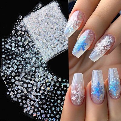 12 τεμ. Laser Sliver Snowflakes Nail Art Αυτοκόλλητο 3D Bronzing Χριστουγεννιάτικα αυτοκόλλητα νυχιών Ολογραφικά ασημένια/χρυσά/λευκά συρόμενα νιφάδα χιονιού