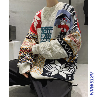 Američki stil Božićni muški pulover s vezom za par Jesen/zima High End Feel Lazy Prevelika pletena majica