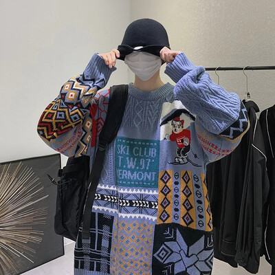 Američki stil Božićni muški pulover s vezom za par Jesen/zima High End Feel Lazy Prevelika pletena majica