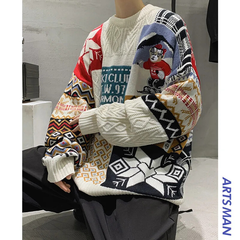 Američki stil Božićni muški pulover s vezom za par Jesen/zima High End Feel Lazy Prevelika pletena majica