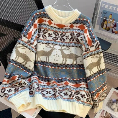 Nouă ținută retro de Crăciun pentru bărbați, căprioare, pulover jacquard, toamnă și iarnă, stil leneș, pulover bărbați și femei, îmbrăcăminte pentru bărbați