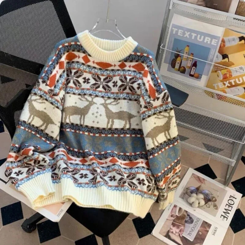 Nova retro božićna odjeća za muškarce džemper od jacquard jelena, jesen i zima opuštenog lijenog stila, muški i ženski pulover muška odjeća