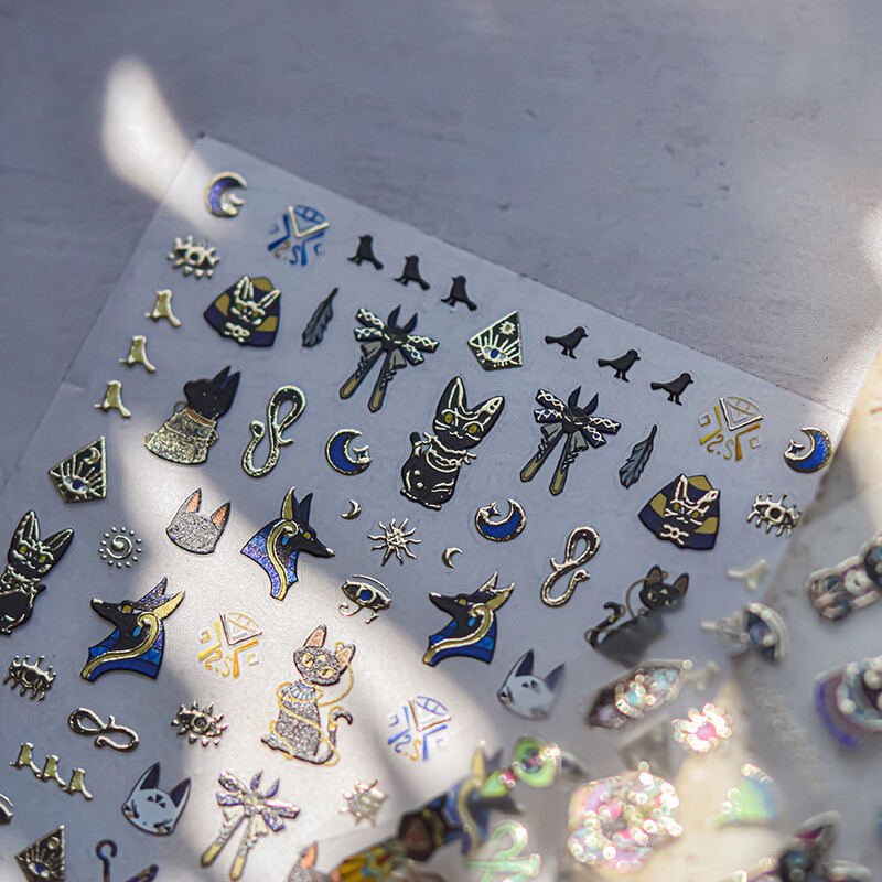 Vintage Egipat Crne i šarene mačje naljepnice za nokte Zlatno srebrno utiskivanje 3D Nail Art Dizajn Dekoracije Naljepnice DIY manikura