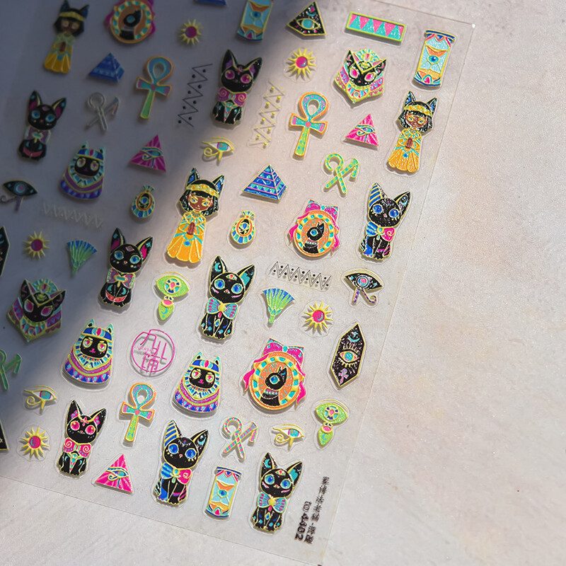 Vintage Egipat Crne i šarene mačje naljepnice za nokte Zlatno srebrno utiskivanje 3D Nail Art Dizajn Dekoracije Naljepnice DIY manikura