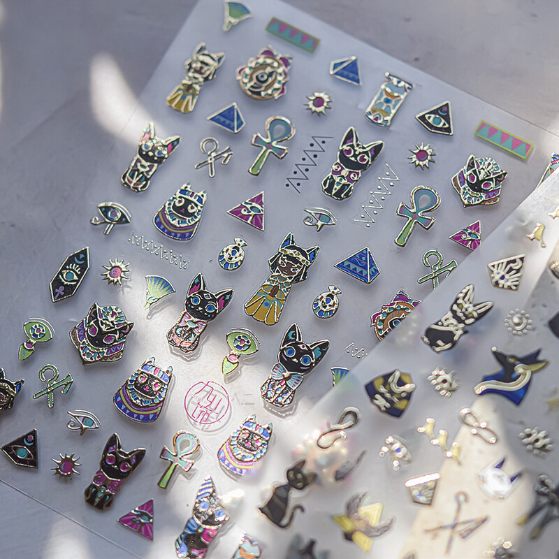 Vintage Egipat Crne i šarene mačje naljepnice za nokte Zlatno srebrno utiskivanje 3D Nail Art Dizajn Dekoracije Naljepnice DIY manikura