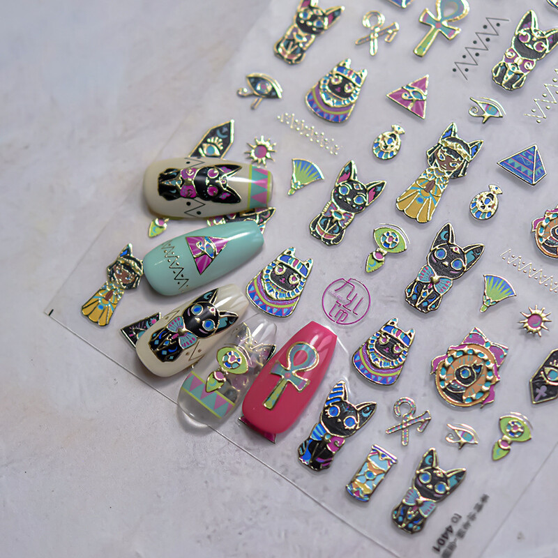 Vintage Egipat Crne i šarene mačje naljepnice za nokte Zlatno srebrno utiskivanje 3D Nail Art Dizajn Dekoracije Naljepnice DIY manikura