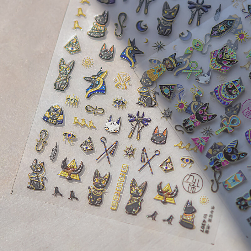 Vintage Egipat Crne i šarene mačje naljepnice za nokte Zlatno srebrno utiskivanje 3D Nail Art Dizajn Dekoracije Naljepnice DIY manikura