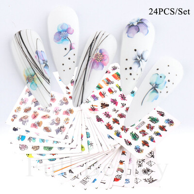 24 kom / set Proljeće ljeto Naljepnica za nokte Vodena naljepnica Nail Art Tinta Cvijeće Lišće Grafiti Klizač za ukrašavanje noktiju Folije za tetovaže