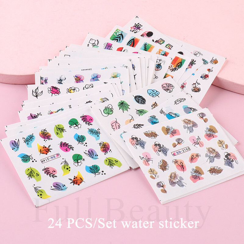 24 kom / set Proljeće ljeto Naljepnica za nokte Vodena naljepnica Nail Art Tinta Cvijeće Lišće Grafiti Klizač za ukrašavanje noktiju Folije za tetovaže