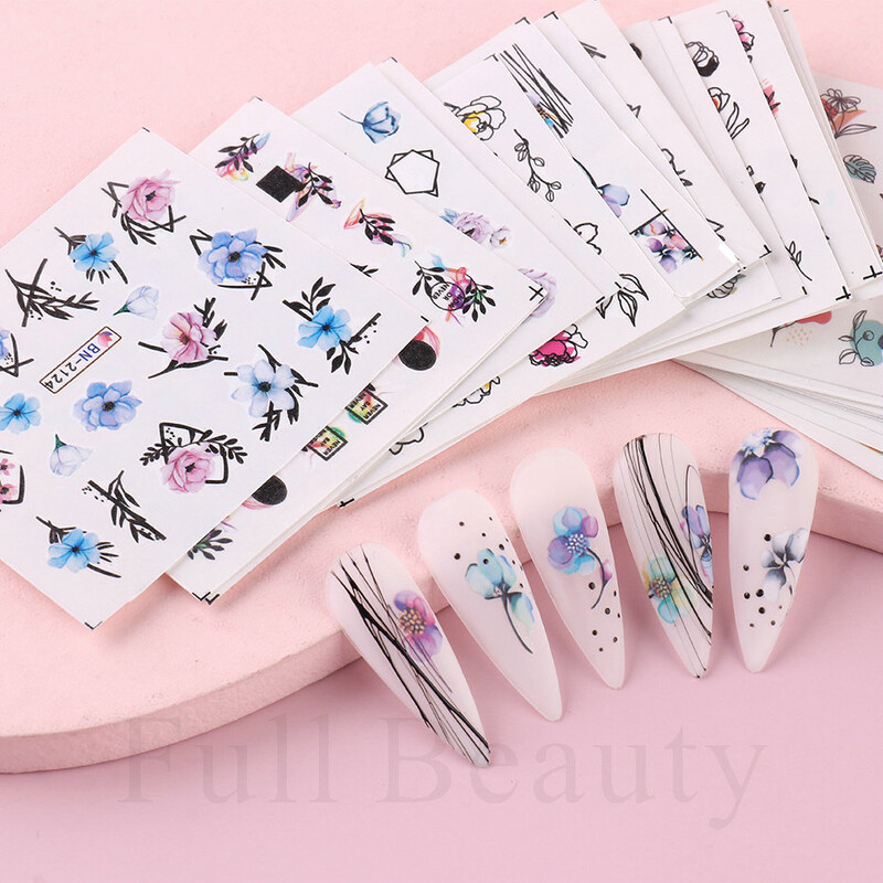 24 kom / set Proljeće ljeto Naljepnica za nokte Vodena naljepnica Nail Art Tinta Cvijeće Lišće Grafiti Klizač za ukrašavanje noktiju Folije za tetovaže