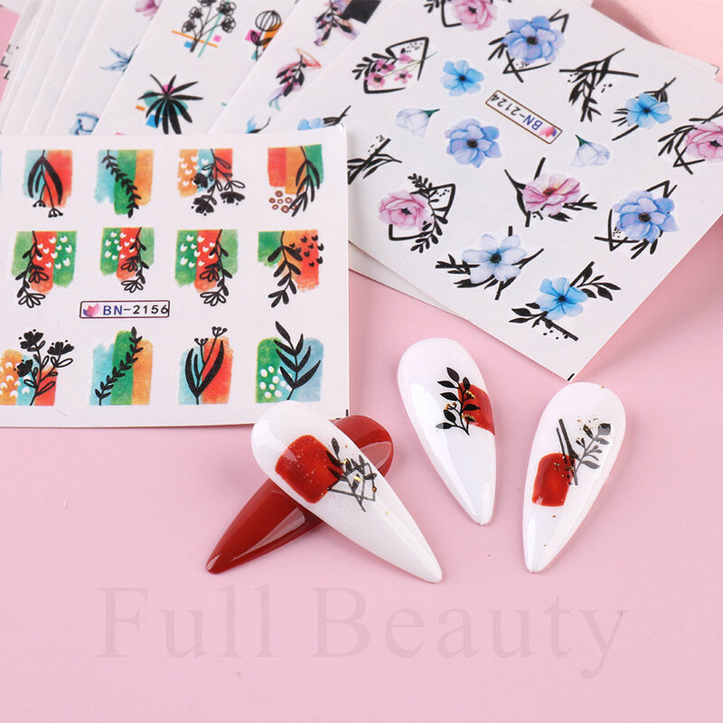 24 kom / set Proljeće ljeto Naljepnica za nokte Vodena naljepnica Nail Art Tinta Cvijeće Lišće Grafiti Klizač za ukrašavanje noktiju Folije za tetovaže