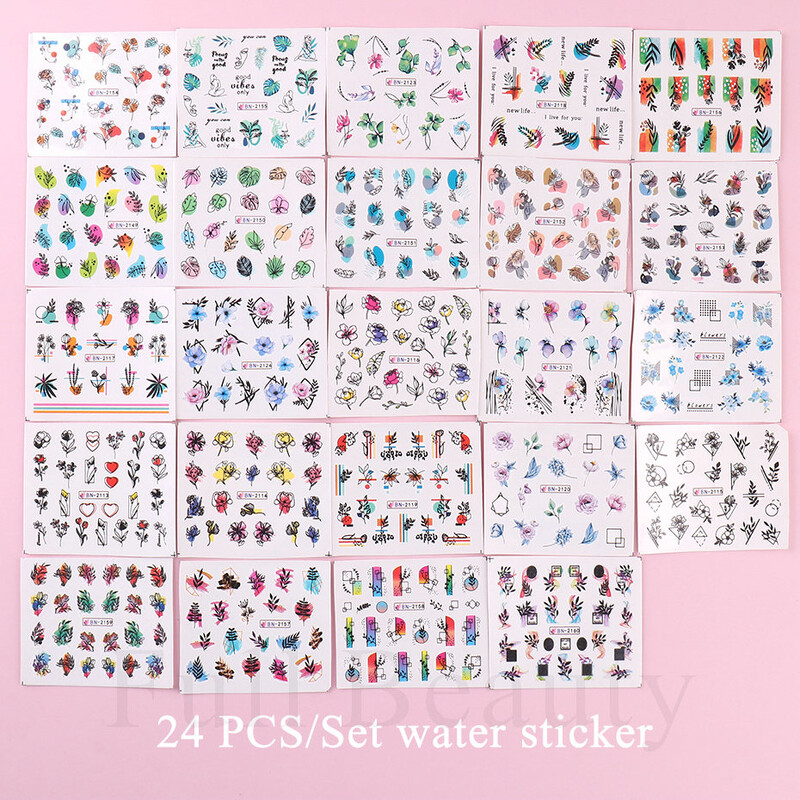 24 kom / set Proljeće ljeto Naljepnica za nokte Vodena naljepnica Nail Art Tinta Cvijeće Lišće Grafiti Klizač za ukrašavanje noktiju Folije za tetovaže