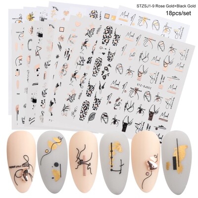 18 komada Set naljepnica za nokte Mješoviti dizajni 3D holografske laserske apstraktne pruge Naljepnice s listovima cvijeta Klizači za nokte Ukrasi za manikuru