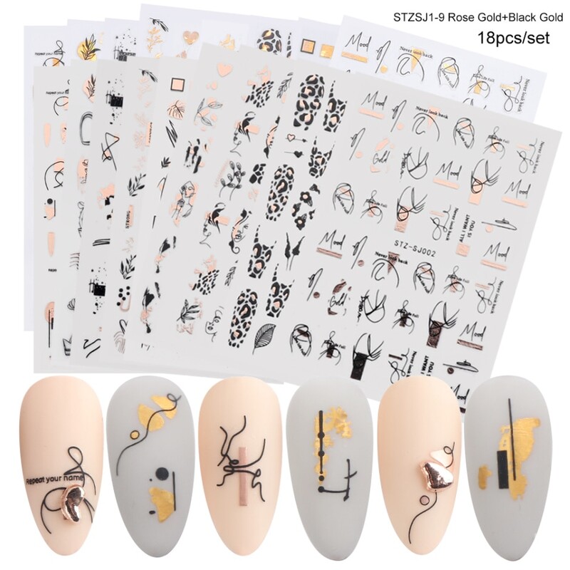 18 komada Set naljepnica za nokte Mješoviti dizajni 3D holografske laserske apstraktne pruge Naljepnice s listovima cvijeta Klizači za nokte Ukrasi za manikuru