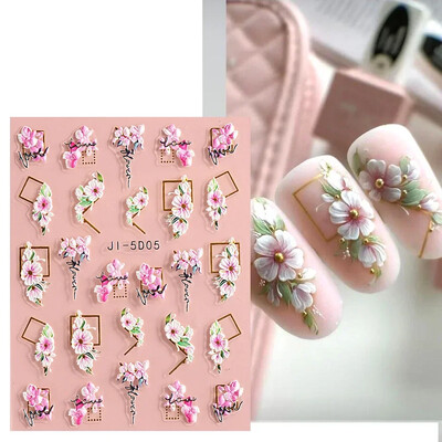 5D naljepnice za nokte Cvijeće Geometrijske linije Dekor Akrilni reljefni klizači Zlatni okvir Naljepnice za nokte Trešnjin cvijet Manikura Nail Art