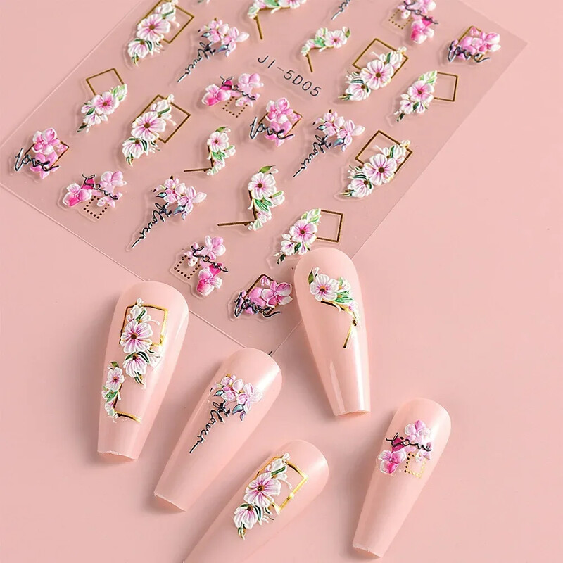 5D naljepnice za nokte Cvijeće Geometrijske linije Dekor Akrilni reljefni klizači Zlatni okvir Naljepnice za nokte Trešnjin cvijet Manikura Nail Art
