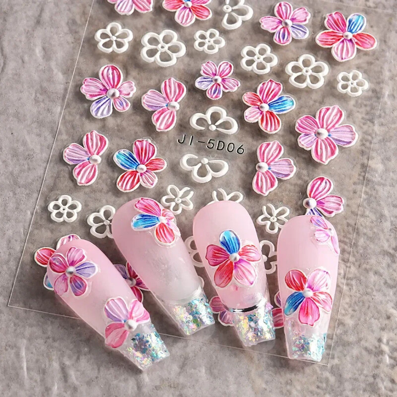 5D naljepnice za nokte Cvijeće Geometrijske linije Dekor Akrilni reljefni klizači Zlatni okvir Naljepnice za nokte Trešnjin cvijet Manikura Nail Art