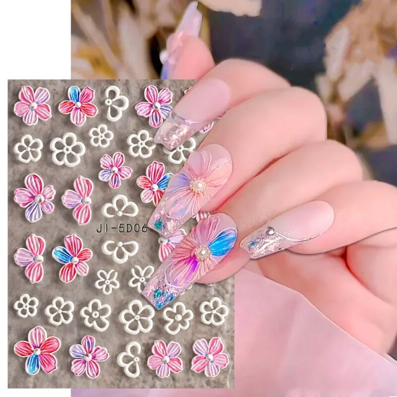 5D naljepnice za nokte Cvijeće Geometrijske linije Dekor Akrilni reljefni klizači Zlatni okvir Naljepnice za nokte Trešnjin cvijet Manikura Nail Art