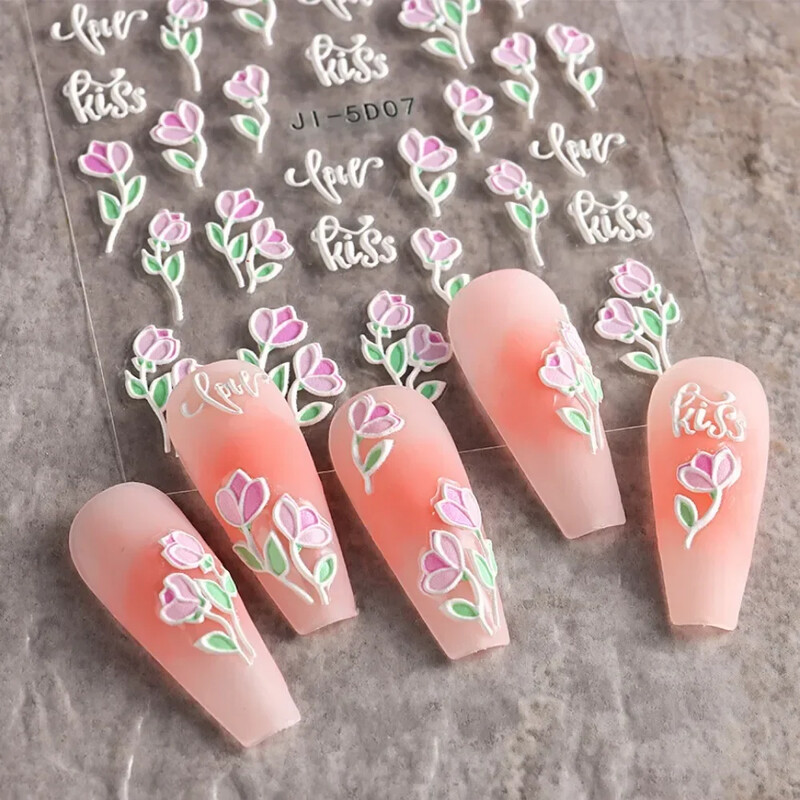 5D naljepnice za nokte Cvijeće Geometrijske linije Dekor Akrilni reljefni klizači Zlatni okvir Naljepnice za nokte Trešnjin cvijet Manikura Nail Art