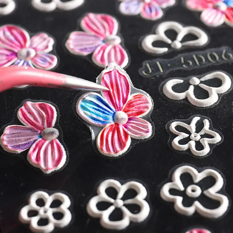 5D naljepnice za nokte Cvijeće Geometrijske linije Dekor Akrilni reljefni klizači Zlatni okvir Naljepnice za nokte Trešnjin cvijet Manikura Nail Art