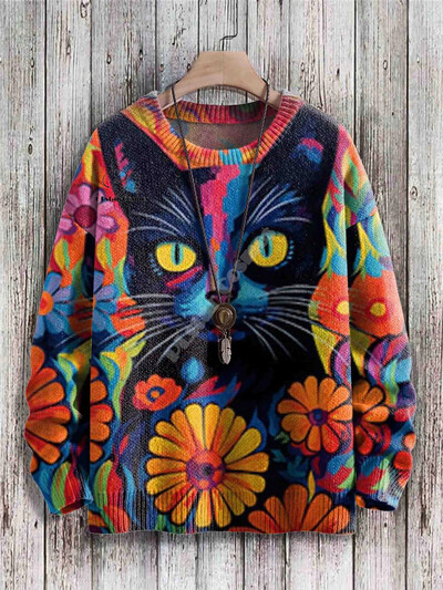 Ziemassvētku Ziemassvētku vecītis kaķis dzīvnieks krāsains tetovējums retro 3Dprint Smieklīgs Ziemassvētku neglīts trikotāžas džemperis Harajuku gadījuma raksturs ar garām piedurknēm X12